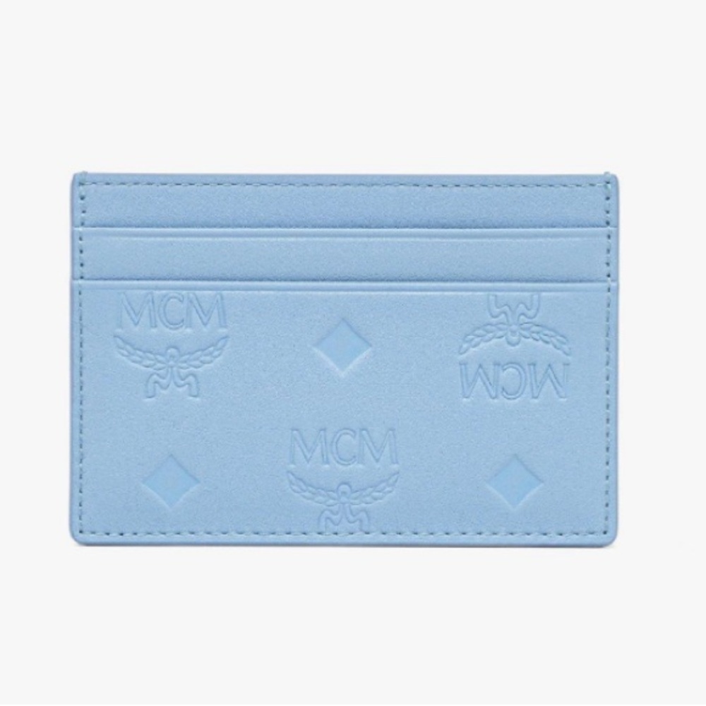Authentic NWT MCM Aren Card Holder Embossed Monogram Leather Della Robbia Blue
